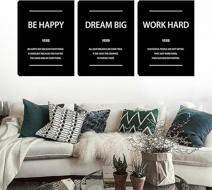 Unbruvo Motivational Office Wall Art, 3 Pieces Inspirational Canvas Wall Art, Dream Big Be Happy Work Hard Prints Poster Wall Decor for Living Room BedRoom Dorm(60" Wx28 H)