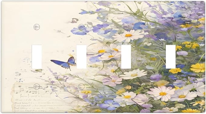 Decorative Switch Plate Covers Purple Flower Butterfly Yellow Daisy 4 Gang Light Switch Cover Plate Quad Toggle Wall Plate Light Switch Covers for Bathroom Decor