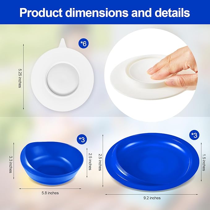 Hushee Adaptive Spill Proof Scoop Bowl and Plate Set with Suction Base Non Skid Self Feed Dinnerware for Elderly Disabled Handicapped from Parkinsons, Dementia, Stroke, Tremor(3 Sets,Blue)