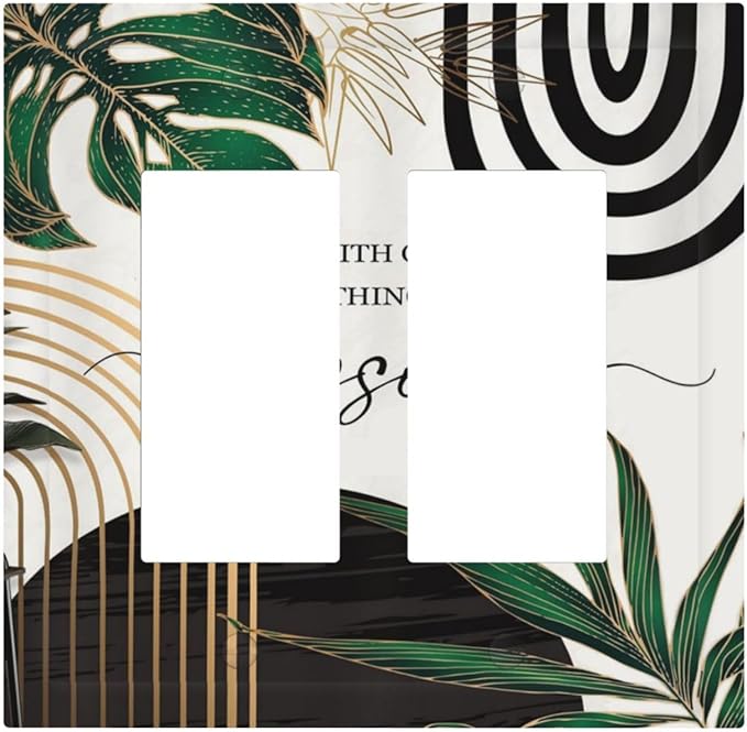 Boho Abstract Tropical Green Palm Leaf Mid Century Decorative Outlet Covers 2 Gang Double GFCI Rocker Electrical Wall Panels Light Switch Cover Plate for Office Home Decor