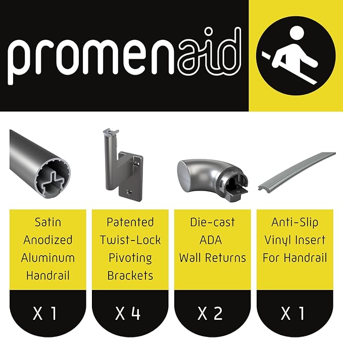 Promenaid 6ft ADA Handrail Kit - Champagne - Complete Indoor/Outdoor Handrail for Stairs - 1.6" Round Anodized Aluminum Railing with 4 Champagne Painted Pivoting Brackets & ADA Wall Returns