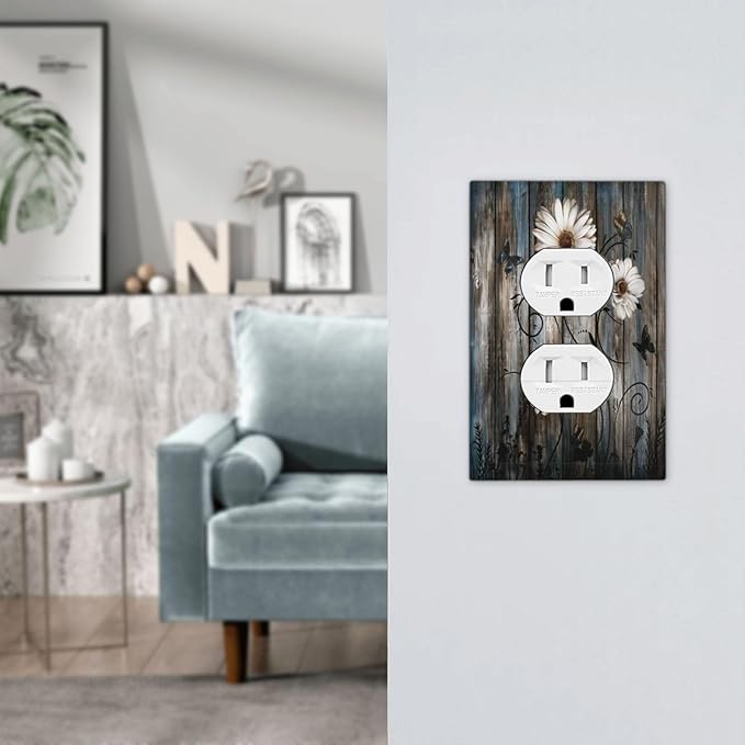 Rustic Wood Background Floral Butterfly Daisy Outlet Covers 1 Gang Duplex Light Switch Cover Decorative Switch Plates Electrical Receptacle Faceplate Wall Plate for Farmhouse Bedroom Decor