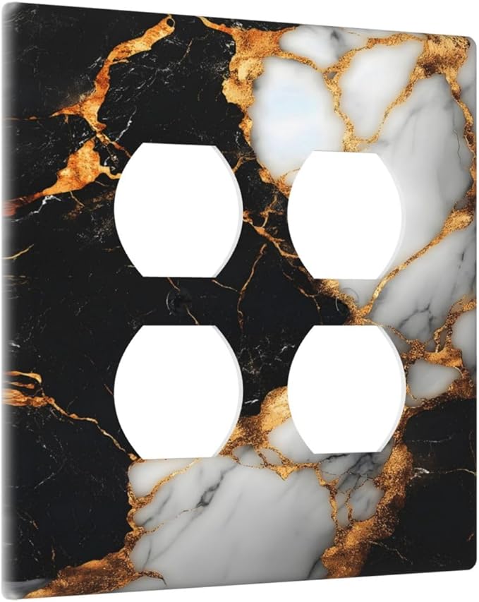 Decorative Switch Plate Covers Black Gold Marble 2 Gang Outlet Covers Double Duplex Light Switch Cover Plate Gfci Wall Plate for Country Bathroom Bedroom Decor