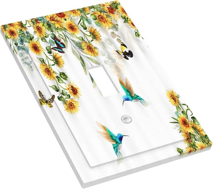 Yellow Sunflower Blue Hummingbird Butterfly Single Toggle Light Switch Covers Decorative Rustic Farmhouse Floral Botanical Plant 1 Gang Wall Plates Cover Electrical Switchplate for Bathroom