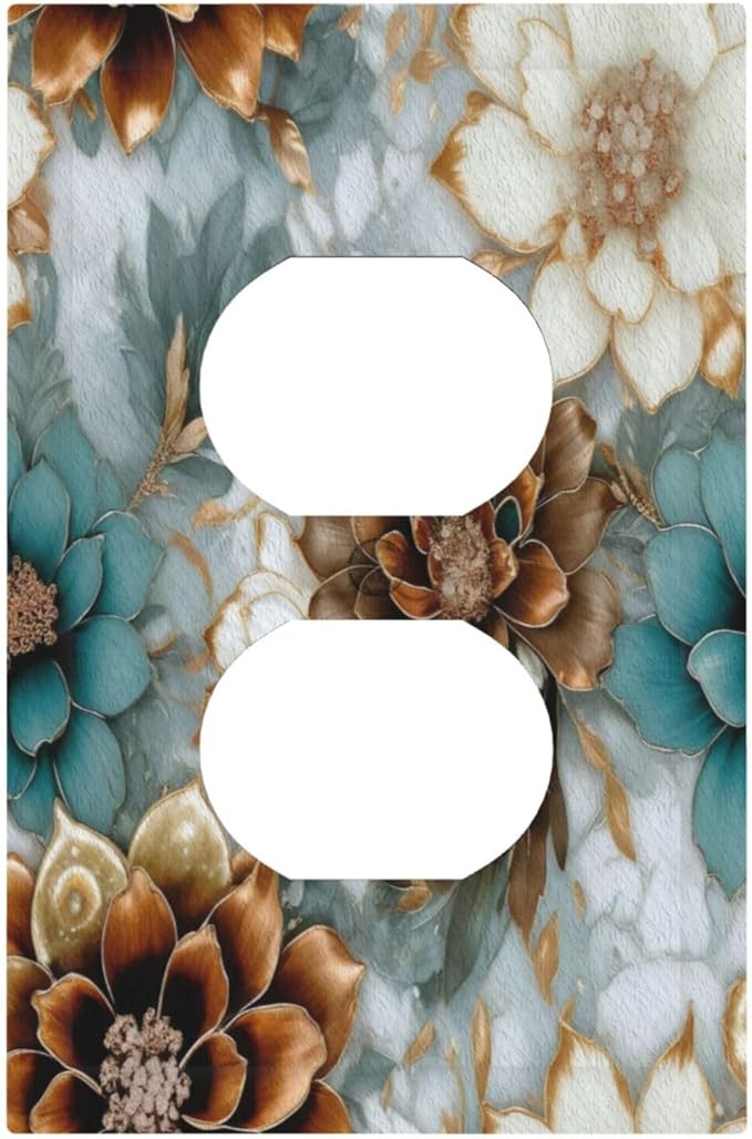 Vintage Marble Floral Gold/Green/White Metal Flowers 1 Gang Duplex Outlet Covers Decorative Single Light Switch Cover Electrical Receptacle Wall Plate Plug Switchplate Faceplate Bathroom Decor