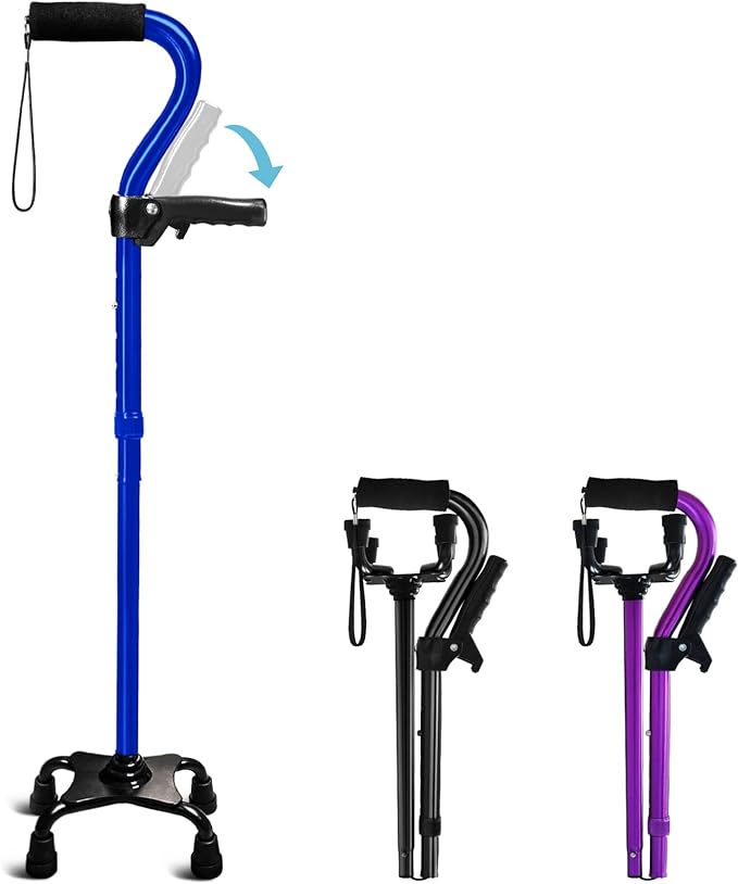 Adjustable Walking Cane for Men & Women with 4-Pronged Base for Extra Stability - Foldable Cane for Seniors with Foam Padded Offset Handle for Soft Grip & a Second Handle for Standing