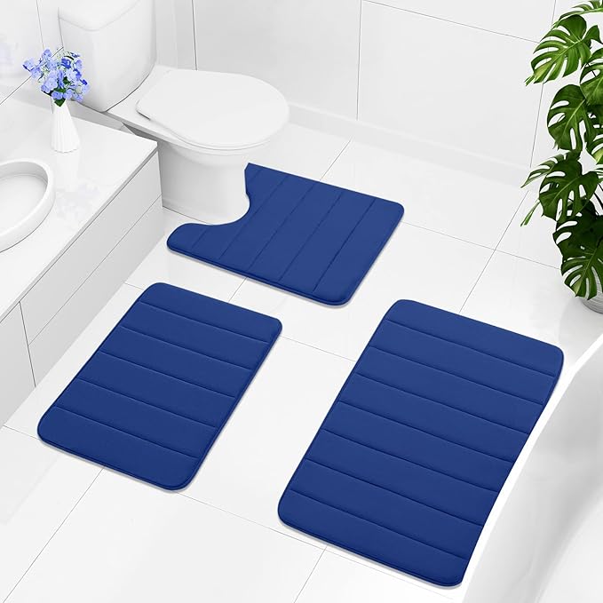 Buganda Memory Foam U-Shaped Contour Toilet Rugs, Non Slip Absorbent, Thick Soft Washable Bathroom Mat, Floor Carpet Bath Rugs Mat for Toilet Base (24" x 20", Navy Blue)