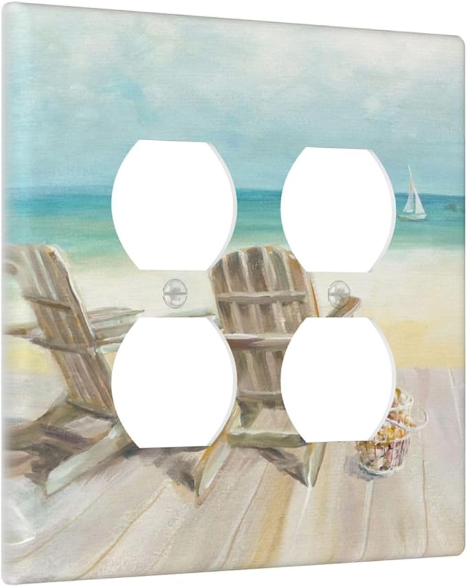 Decorative Light Switch Cover Plate Beach Chair Seascape Blue Ocean Modern Coastal 2 Gang Socket Covers Double Duplex Wallplates Switch Plates and Outlet Covers for Bathroom Home Decor
