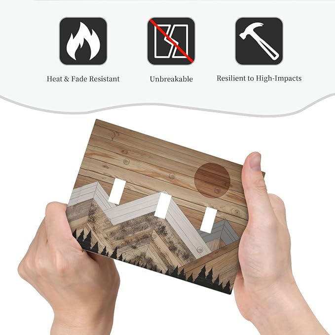 Wooden Planks Mosaic Snow Mountain Sun Decorative Switch Plates 3 Gang Wall Plate Triple Toggle Light Switch Cover Faceplate Electrical Wall Panels for Farmhouse Home Decor
