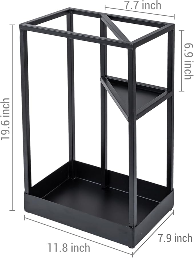 MyGift 20 Inch Tall Modern Brass Tone Metal Geometric Freestanding Entryway Umbrella Rack or Cane Holder with Shelf for Small Umbrellas and Bottom Drip Tray (Black-Large)