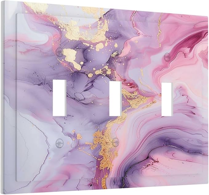 Decorative Switch Plates Pink Marble Abstract Purple Gold Texture 3 Gang Wall Plate Triple Toggle Light Switch Cover Faceplate Electrical Wall Panels for Bathroom living Room Decor