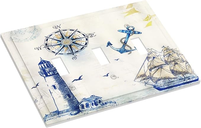 Nautical Sailboat Lighthouse Compass Anchor 3 Gang Light Switch Cover Decorative Triple Toggle Wall Plate Rustic 3 Hole Electrical Device Switchplate Cover Faceplate for Country Bathroom Decor