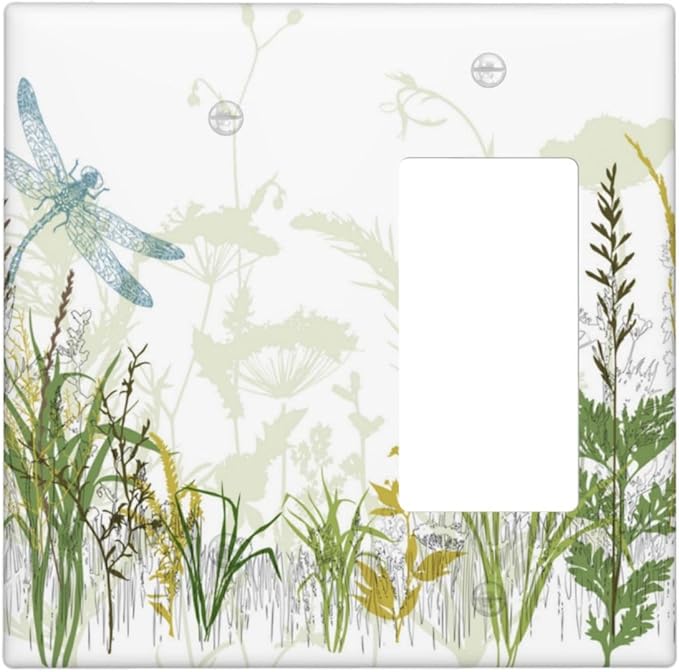 Wild Flower Dragonfly 2 Gang Blank Rocker Light Switch Cover Plates Decorative Electric Outlet Covers Decorator Wall Switch Plate Receptacle Plug Covers 4.6 * 4.5 Inches