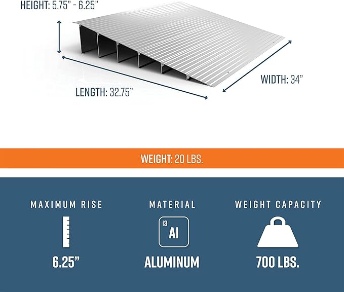 EZ-ACCESS - Threshold Ramps for Doorways - Portable Wheelchair Ramp for Home Steps, Aluminum Door Threshold Sliding Doors, Walker & Wheelchair Access - Adjustable Modular Transitions, 6" Rise