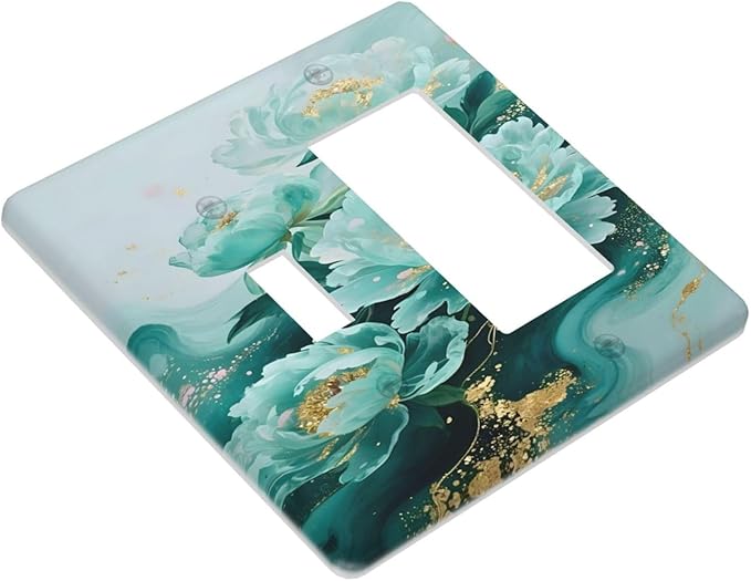 Decorative Outlet Covers Gold Green Floral Gilt Marble Flower 2-Gang Combo Light Switch Cover Plate Single Toggle/Rocker Wall Plate Plug Switch Plate Covers for Bathroom Decor