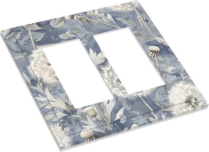 Blue Dandelion Vintage Floral Boho Flower Decorative Outlet Covers 2 Gang Double GFCI Rocker Electrical Wall Panels Light Switch Cover Plate for Bedroom Living Room Home Decor