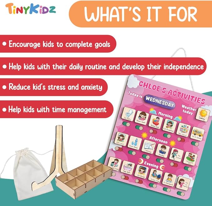 Personalized Wooden Daily Routine Chart 12x14", Visual Schedule, Daily Responsibilities for Kids, Morning Bedtime Routine Chart for Toddlers (10)