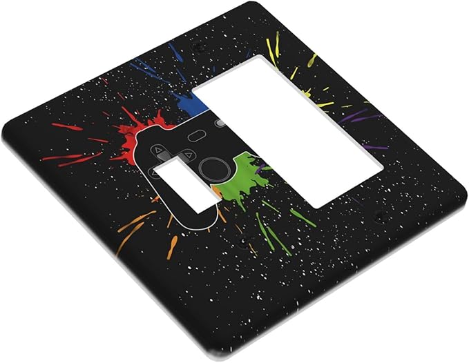 Classic Videogames Controller Black Splash Ink Colorful Outlet Covers 1 Toggle 1 Rocker Combination Decorative Wall Plate Electrical Switch Plates Light Switch Cover Plate for Kids Room Nursery Decor