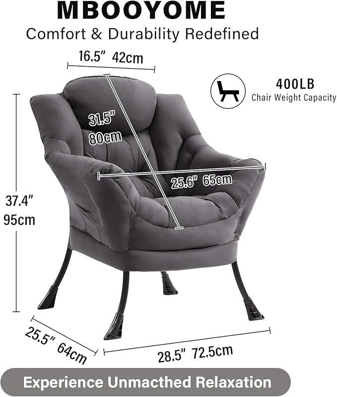 Lazy Chair, Modern Accent Lounge Reading Chair with Armrests, Side Pocket & Metal Frame, Comfy Leisure Chair for Living Room, Bedroom, Dorm & Office, Dark Grey