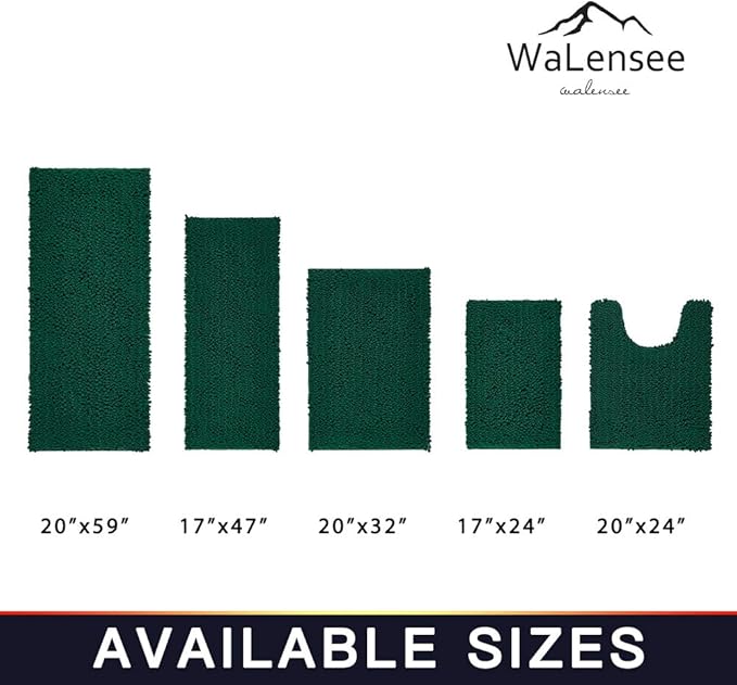Walensee Bathroom Rug 2 Pieces Set Non Slip Bath Mat (17x24 Plus 20x32 Inch Hunter Green) Water Absorbent Super Soft Shaggy Chenille Machine Washable Dry Extra Thick Perfect Carpet for Shower Floor