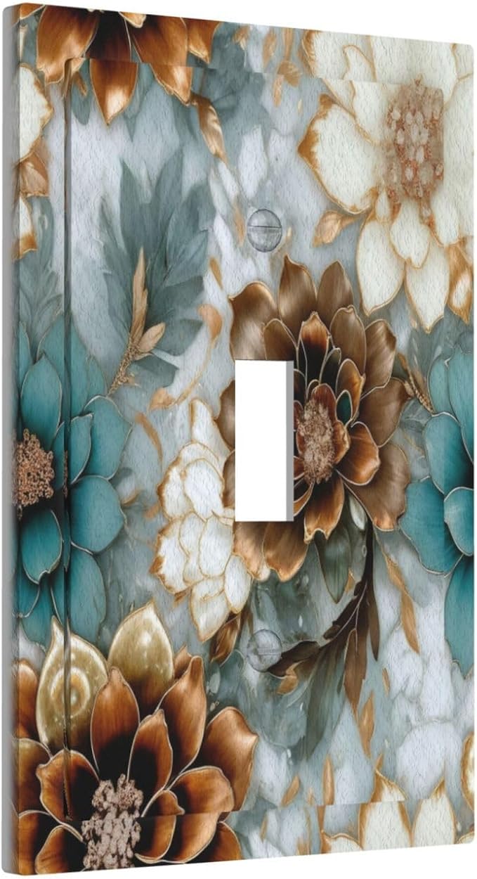 Vintage Marble Floral Gold/Green/White Metal Flowers Single Toggle Light Switch Covers Decorative 1 Gang Wall Plate Electrical Device Switchplate Dimmer Faceplate for Bathroom Decor
