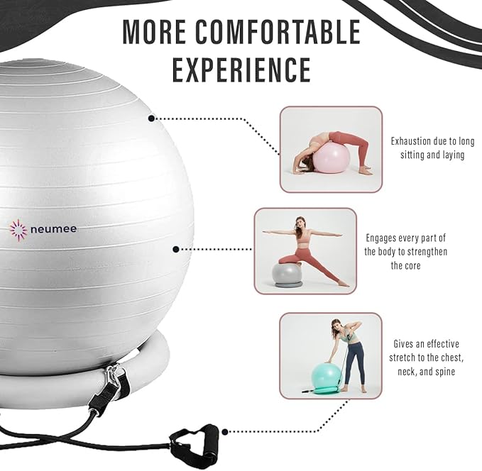 Yoga Ball Chair with 65cm Exercise Ball & 2 Resistance Bands, Stability Base for Home Office, Yoga, Pilates & Fitness, Balance Ball for Posture, Core Strength & Low Impact Workouts