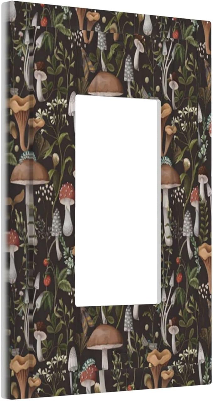 Funky Retro Vintage 70s 60s Boho Hippie Mushroom Single Rocker Light Switch Cover 1 Gang Outlet Cover Decorative Bohemian Floral Leaf Gfci Electrical Wall Plate Switchplate Faceplate Decora