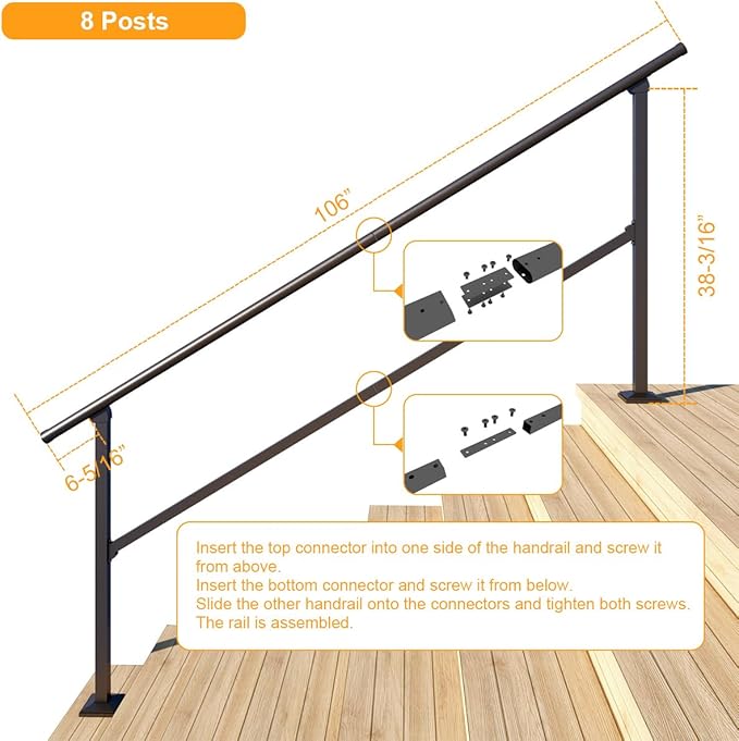 DIYHD 8 Step Handrail for Outdoor,Powder Coated Iron Stair Railing,Black Hand Rails for Indoor, Porch,Deck,2 Pack