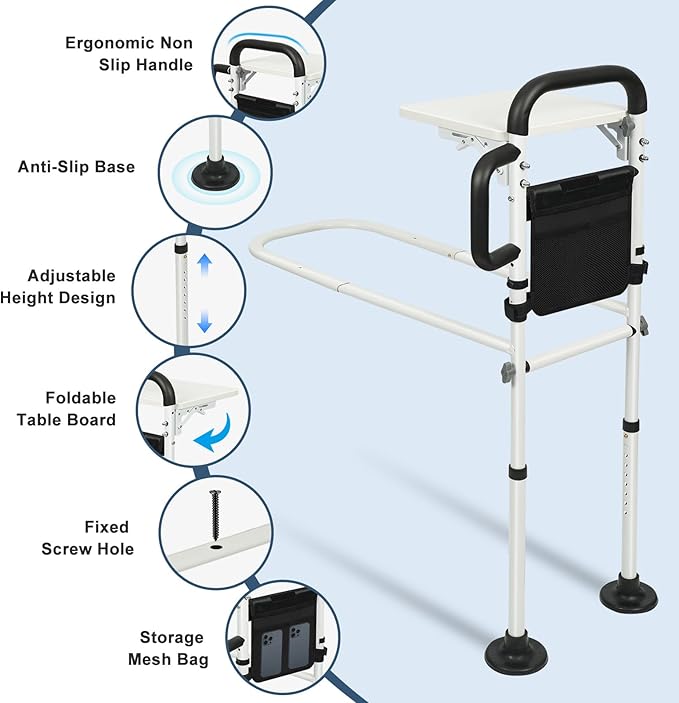 Bed Rail for Elderly Adults Safety,Bed Rails with Foldable Table Board,Storage Pocket,Sensor Light,Height Adjustable Bedside Assist Rail with Non-Slip Ergonomic Handle&Reinforced Support Bar