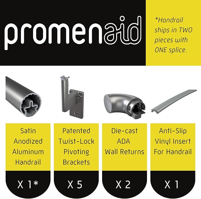 Promenaid 11ft ADA Handrail Kit - Champagne - Complete Indoor/Outdoor Handrail for Stairs - 1.6" Round Anodized Aluminum Railing with 5 Champagne Painted Pivoting Brackets & ADA Wall Returns