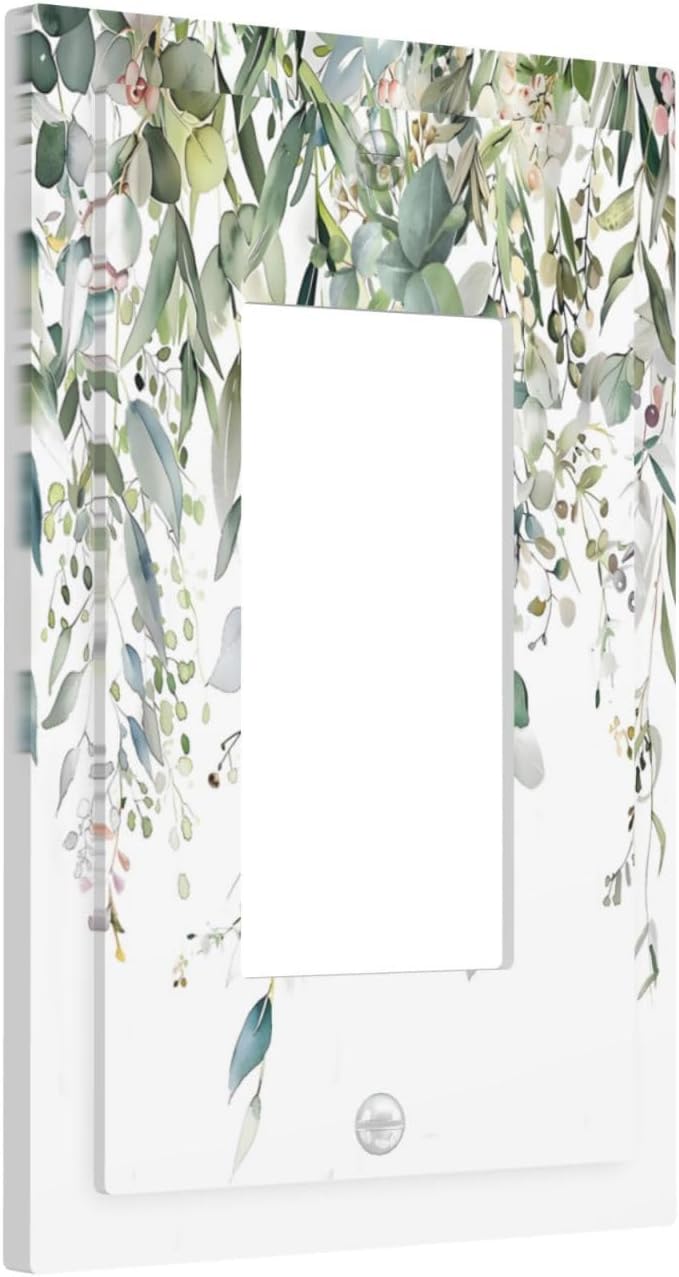 Sage Green Watercolor Eucalyptus Leaves Floral Flowers Decorative Outlet Covers 1 Gang Single Rocker Light Switch Cover Plate Wall Plates GFCI Faceplate for Farmhouse Bed Room Decor