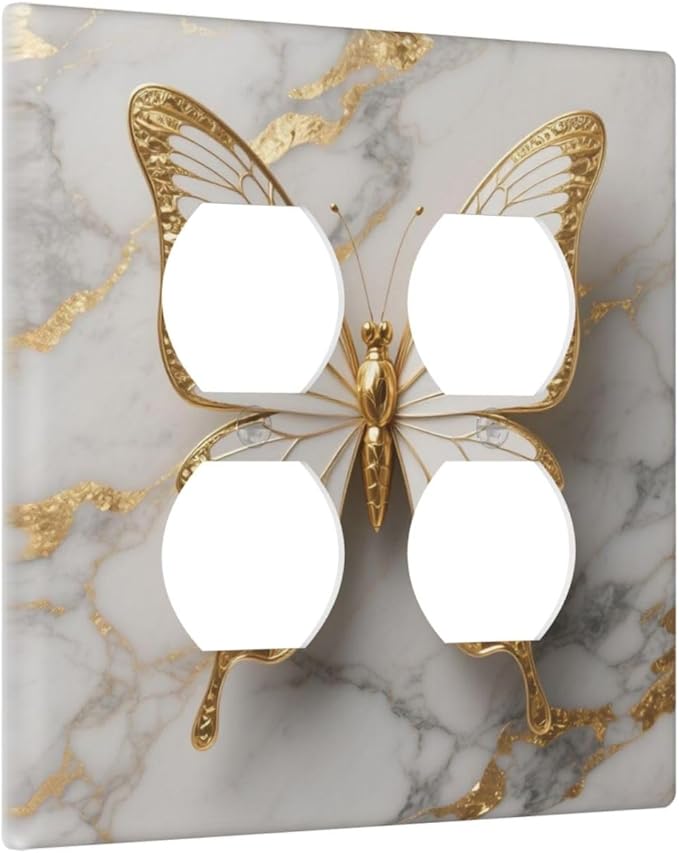 Gold Marble Shine Butterfly Abstract Modern Print Outlet Covers 2 Gang Double Duplex Decorative Light Switch Covers Electrical Wallplates Socket Faceplate for Bed Room Bathroom Decor