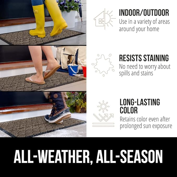 GORILLA GRIP 100% Waterproof All-Season WeatherMax Doormat, 47x35, US Designed Natural Rubber, Stain and Fade Resistant, Low Profile Indoor Outdoor Door Mats, Easy Clean Patio Mat, Latte Quatrefoil
