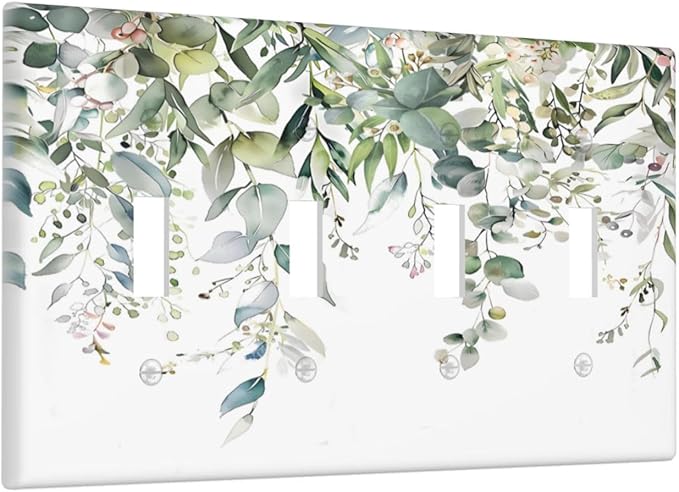 Sage Green Watercolor Eucalyptus Leaves Floral Flowers Light Switch Covers Quad Toggle Electrical Faceplate 4 Gang Wall Plate Decorative Switch Plates for Farmhouse Bed Room Decor