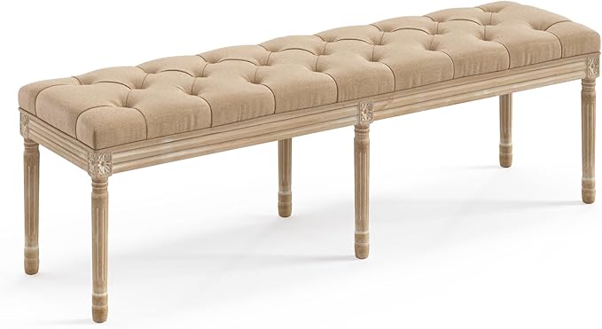 LUE BONA 60" Fabric End of Bed Bench, Upholstered Tufted French Bedroom Bench with Carved Legs for Bedroom End of King Size Bed, Living Room, Wheat