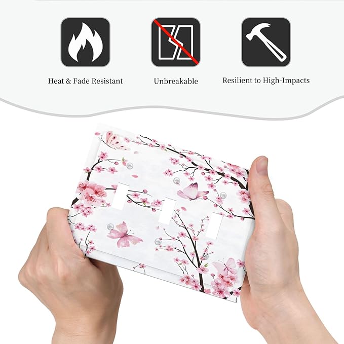 Cherry Floral Watercolor Pink Flowers Butterfly Decorative Switch Plates 3 Gang Wall Plate Triple Toggle Light Switch Cover Faceplate Electrical Wall Panels for Bed Room Living Room Decor