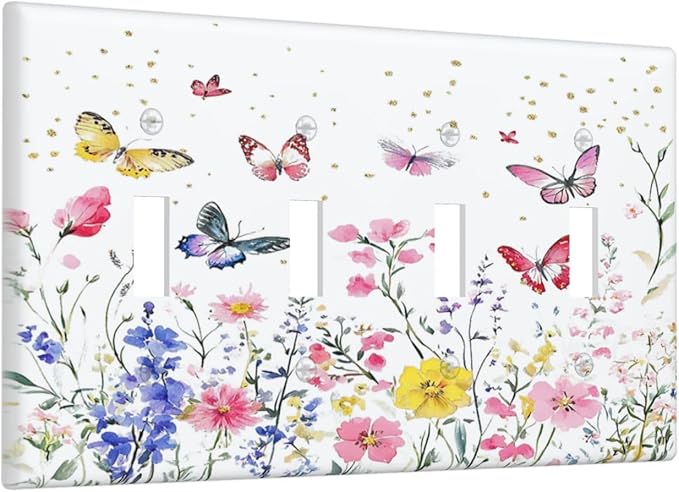 Light Switch Covers Watercolor Floral Butterfly Colorful Wildflower Quad Toggle Electrical Faceplate 4 Gang Wall Plate Decorative Switch Plates For Bed Room Living Room Decor