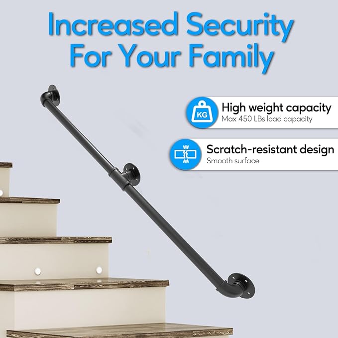 Pipe Stair Handrail, 6 Ft Metal Staircase Handrail, Black Galvanized Industrial Iron Hand Rail for Indoor & Outdoor Wall Mount Support, Wall Hand Railing,Safety Handle, Steps Baluster(HR01-3)
