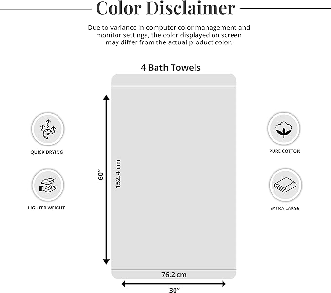 Tens Towels Pack of 4 Extra Large Bath Towels 30 x 60 Inches, 100% Cotton, Larger & Lighter Weight, Quicker to Dry, Super Soft and Absorbent, Perfect for Bathroom, Black