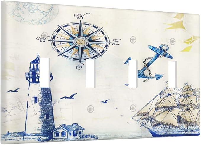 Nautical Sailboat Lighthouse Compass Anchor Quad Toggle Light Switch Covers Decorative 4 Gang Wall Plates Cover Rustic 4 Hole Electrical Device Switchplate Faceplate for Country Bathroom Decor
