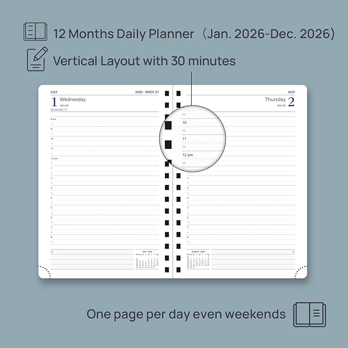 POPRUN 2026 Daily Planner One Page per Day (Medium 6'' x 8.5'') - 12 Months Calendar Appointment Book with Hourly Slots, Inner Pocket, Monthly Tabs, Pen Holder - Black