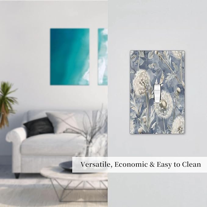 Blue Dandelion Vintage Floral Boho Flower Decorative Light Switch Cover 1 Gang Single Toggle Device Electrical Faceplate Switchplates Decorator Outlet Wall Plate for Bedroom Living Room Home Decor