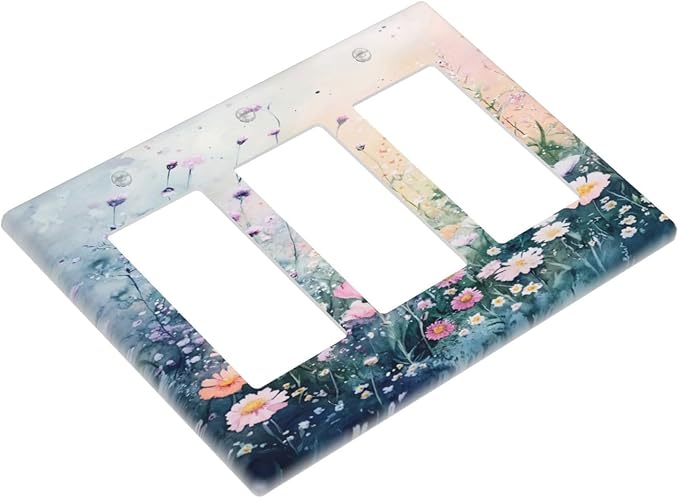 Decorative Outlet Covers Pink Floral Wildflower Green Plants 3 Gang Gfci Wall Plate Triple Rocker Light Switch Cover Plate Switch Plate Covers for Bathroom Decor