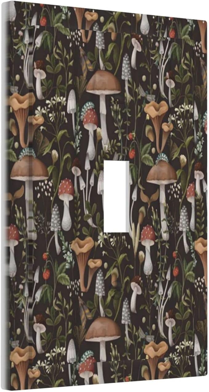Funky Retro Vintage 70s 60s Boho Hippie Mushroom Single Toggle Light Switch Covers Decorative 1 Gang Blank Wall Plates Cover Bohemian Floral Leaf Electrical Device Switchplate Faceplate for Bathroom