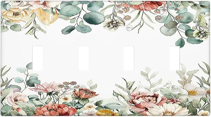 Light Switch Covers Vintage Boho Floral Leaves Rustic Sage Botanical Quad Toggle Electrical Faceplate 4 Gang Wall Plate Decorative Switch Plates for Bedroom Home Decor