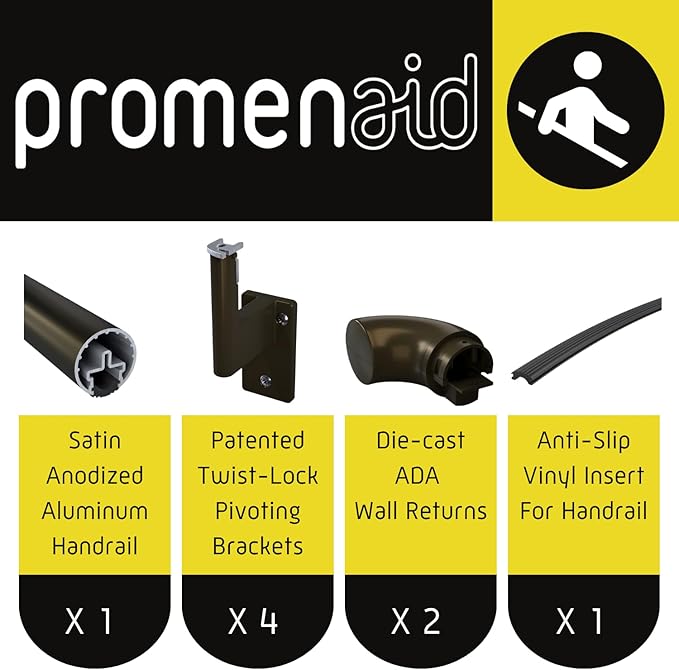 Promenaid 8ft ADA Handrail Kit - Architectural Bronze - Complete Indoor/Outdoor Handrail for Stairs - 1.6" Round Anodized Aluminum Railing with 4 Bronze Painted Brackets & ADA Wall Returns