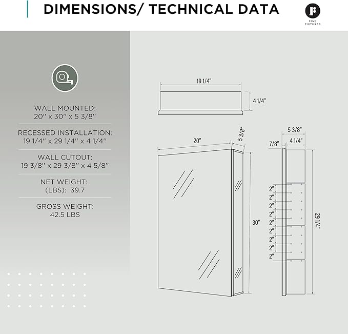 Fine Fixtures Bathroom Medicine Cabinet, Aluminum, Recessed/Surface Mount, 20" x 30", Right/Left Hinged, Mirrored Interior