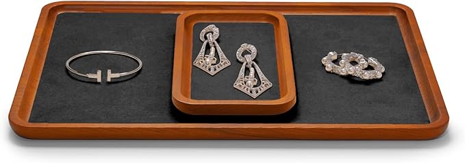 Oirlv Solid Wood Jewelry Display Tray Small Jewelry Tray Rings Earrings Bracelets Necklace Holder Organizer (Small, Grey)