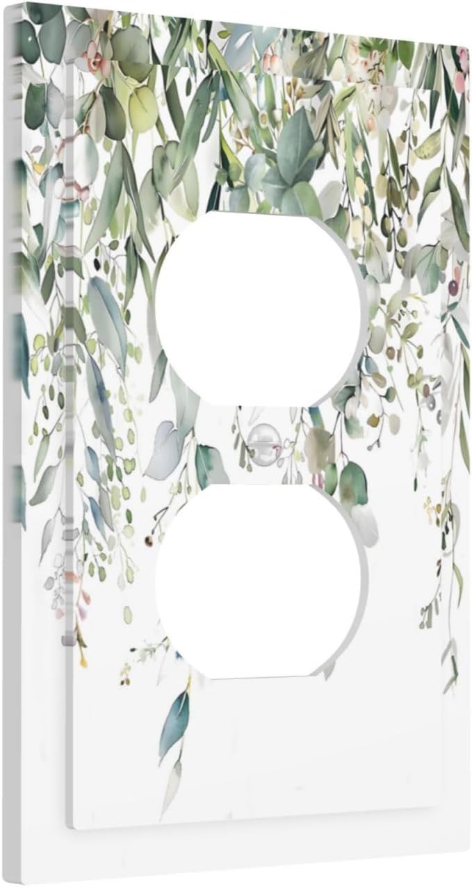 Sage Green Watercolor Eucalyptus Leaves Floral Flowers Outlet Covers 1 Gang Duplex Light Switch Cover Decorative Switch Plates Electrical Receptacle Faceplate Wall Plate for Farmhouse Bed Room Decor