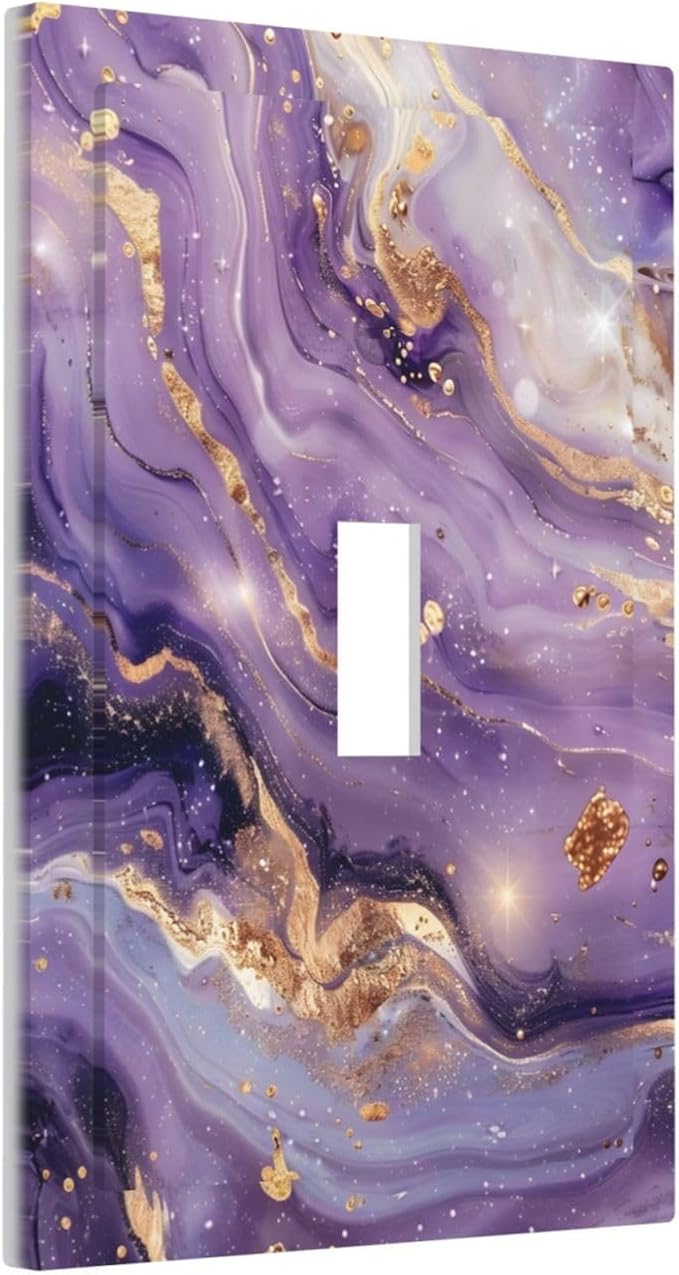Luxury Marble Texture Purple And Gold Abstract Print Decorative Light Switch Cover 1 Gang Single Toggle Device Electrical Faceplate Switchplates Decorator Outlet Wall Plate for Bathroom Home Decor